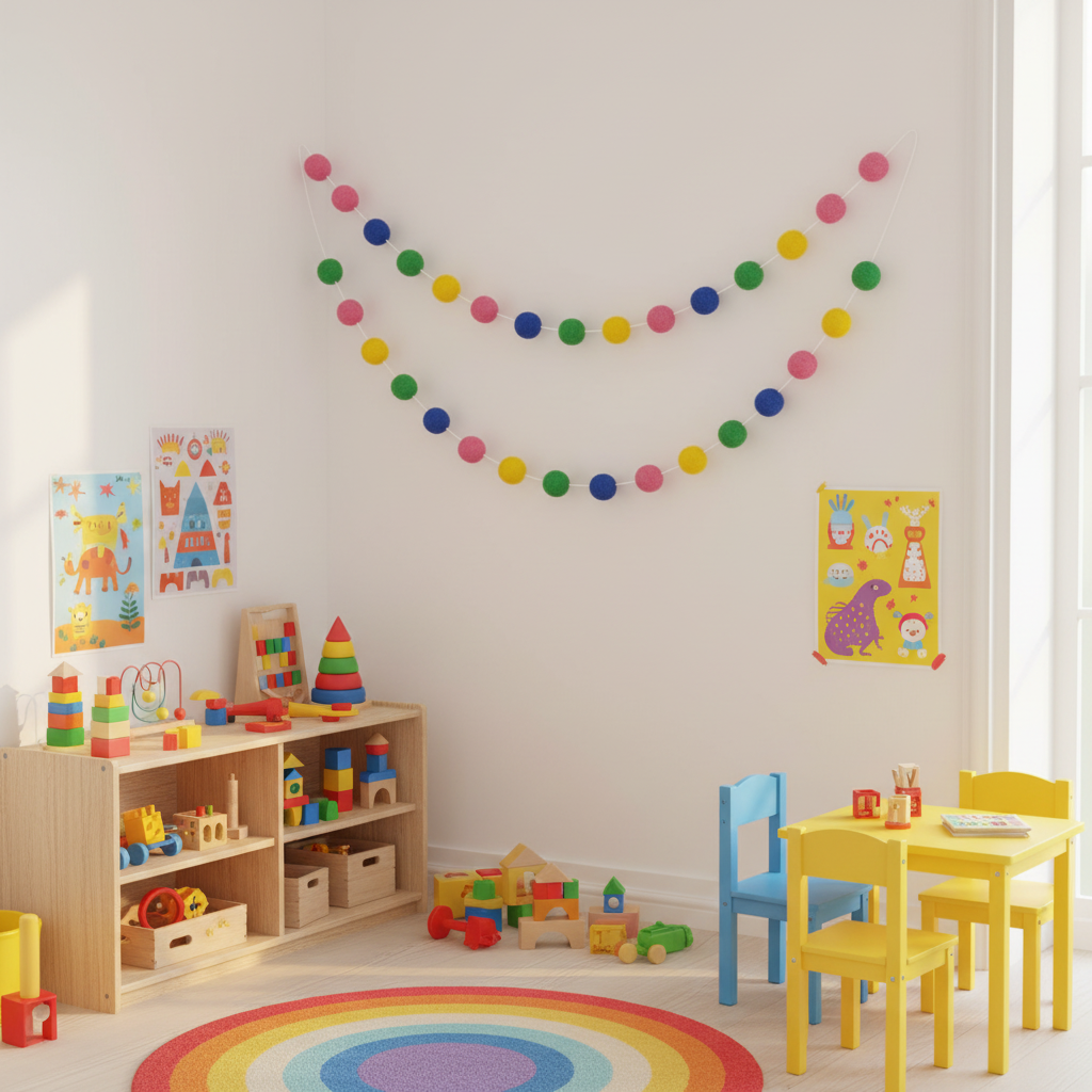 Guirlande de pompons feutrés confettis suspendue dans un espace jeux