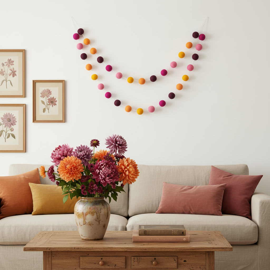 Guirlande de pompons feutrés dahlias dans un salon fleuri