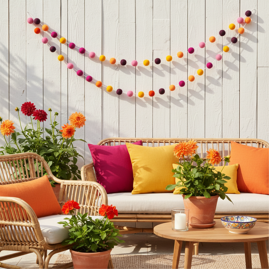 Guirlande de pompons feutrés suspendue sur le mur d'une terrasse d'été
