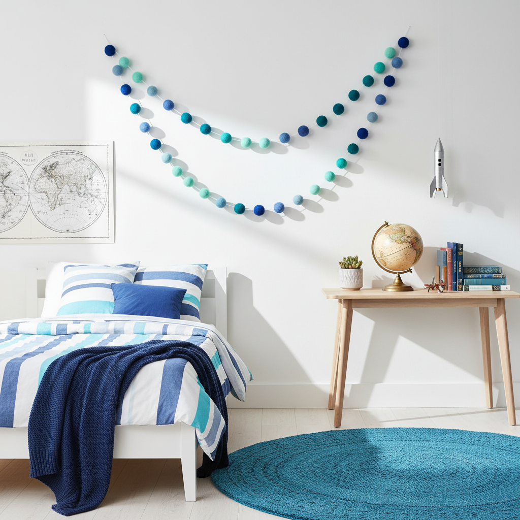 Guirlande de pompons feutrés dégradé bleu suspendue dans une chambre garçon