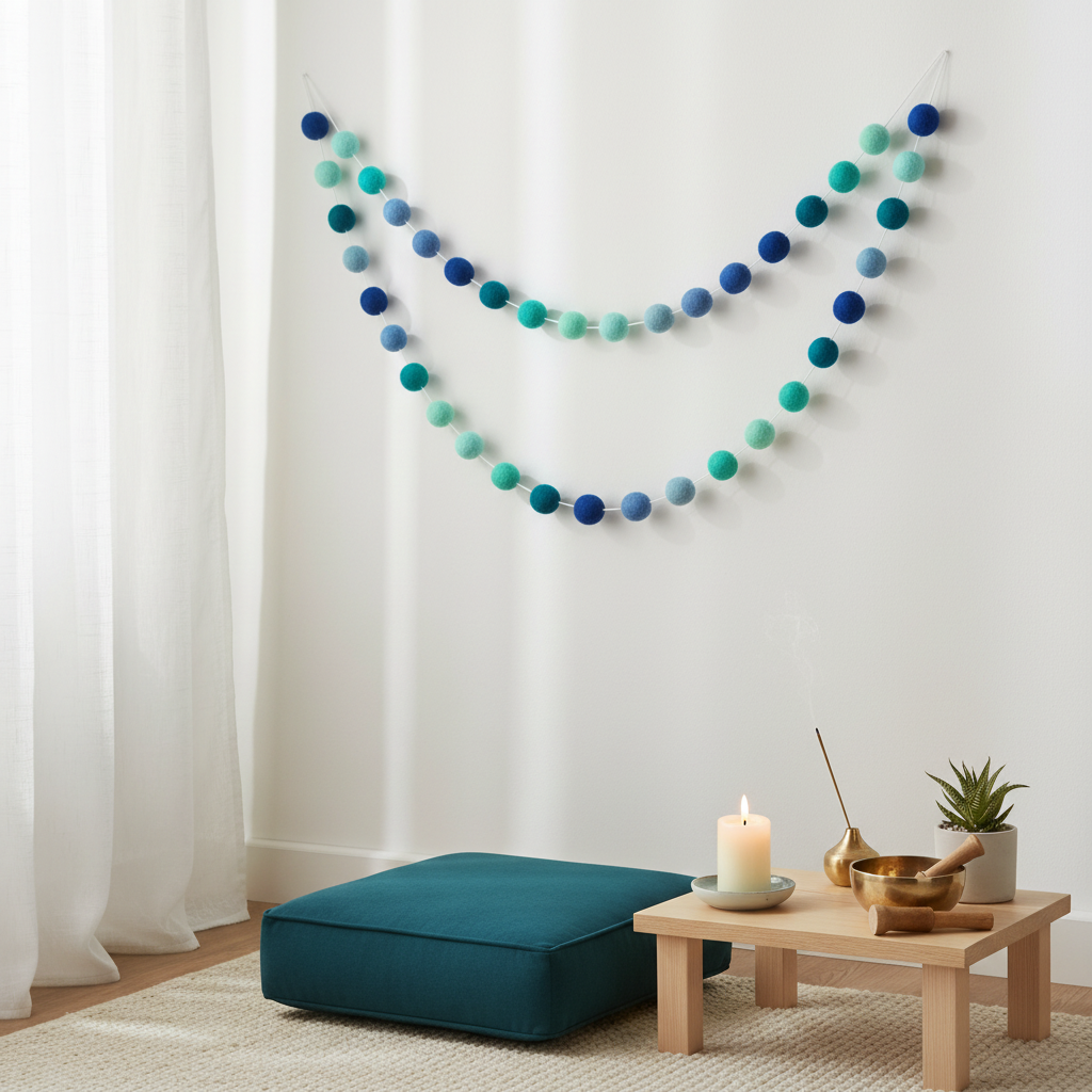 Guirlande de pompons feutrés dégradé bleu suspendue dans un espace de méditation
