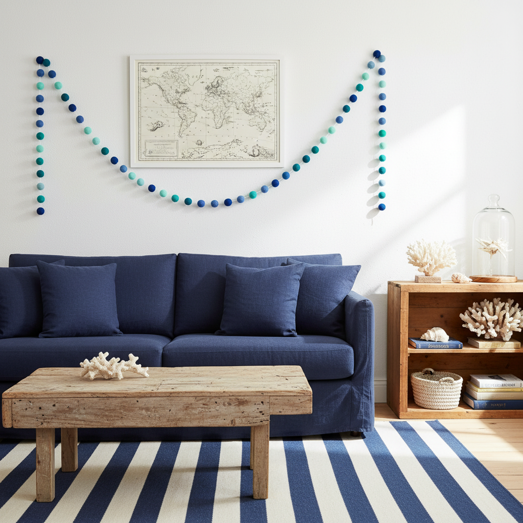 Guirlande de pompons feutrés dégradé bleu suspendue dans un salon marin