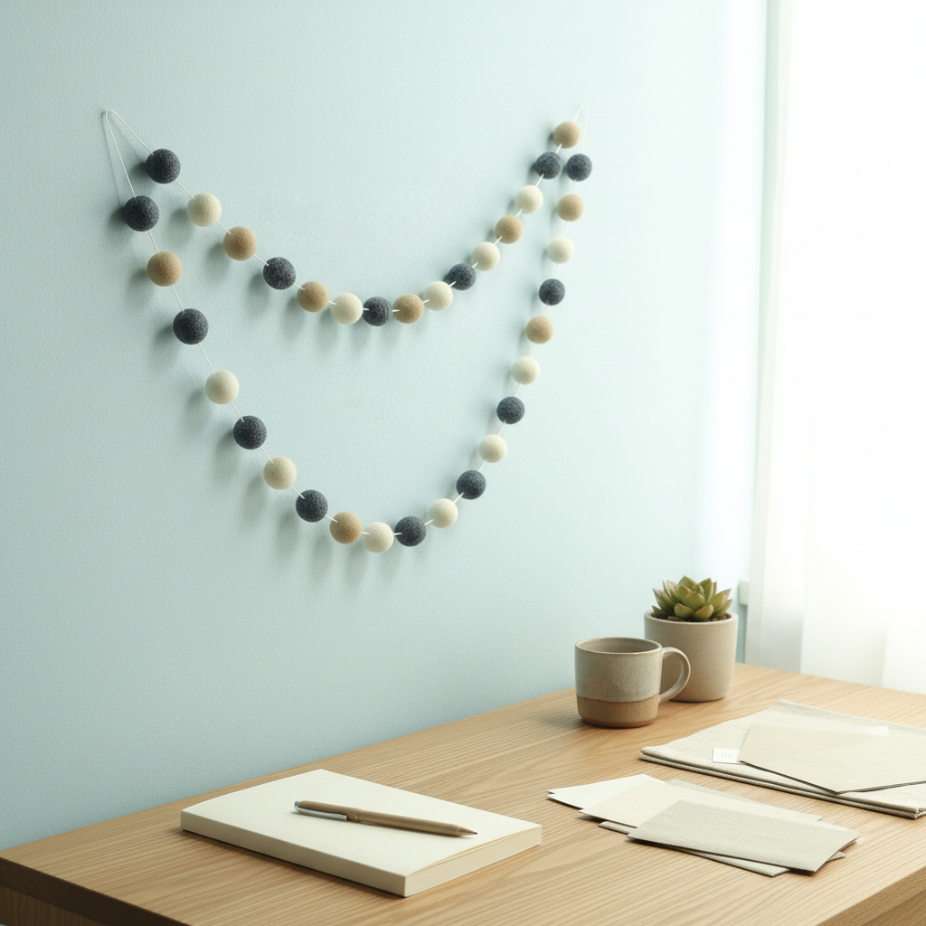 Guirlande de pompons feutrés denim beige dans un bureau