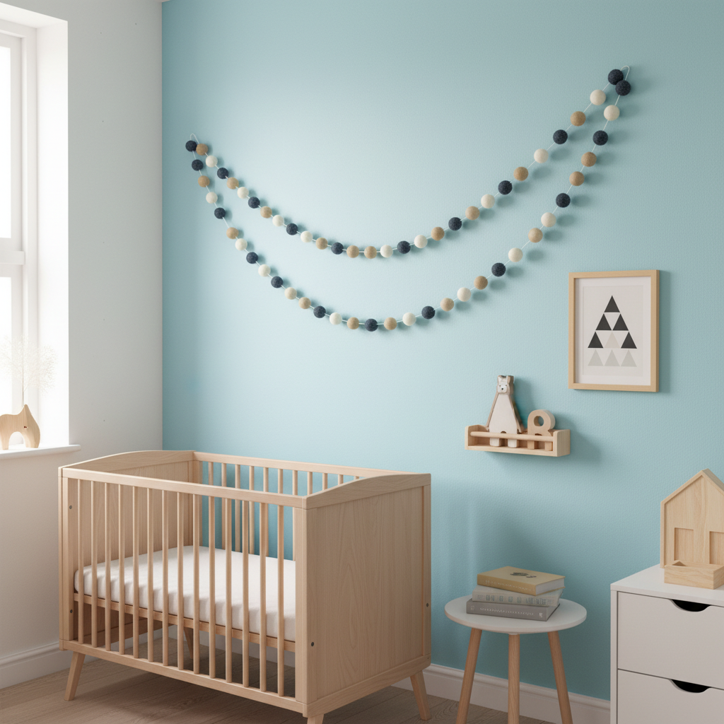 Guirlande de pompons feutrés denim beige dans une chambre bebé garçon