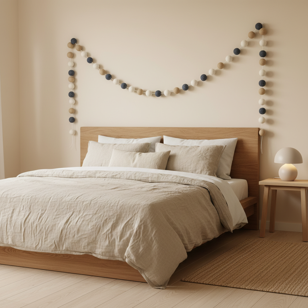 Guirlande de pompons feutrés denim beige dans une chambre
