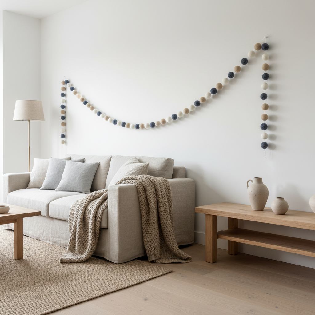 Guirlande de pompons feutrés denim beige dans un salon scandinave