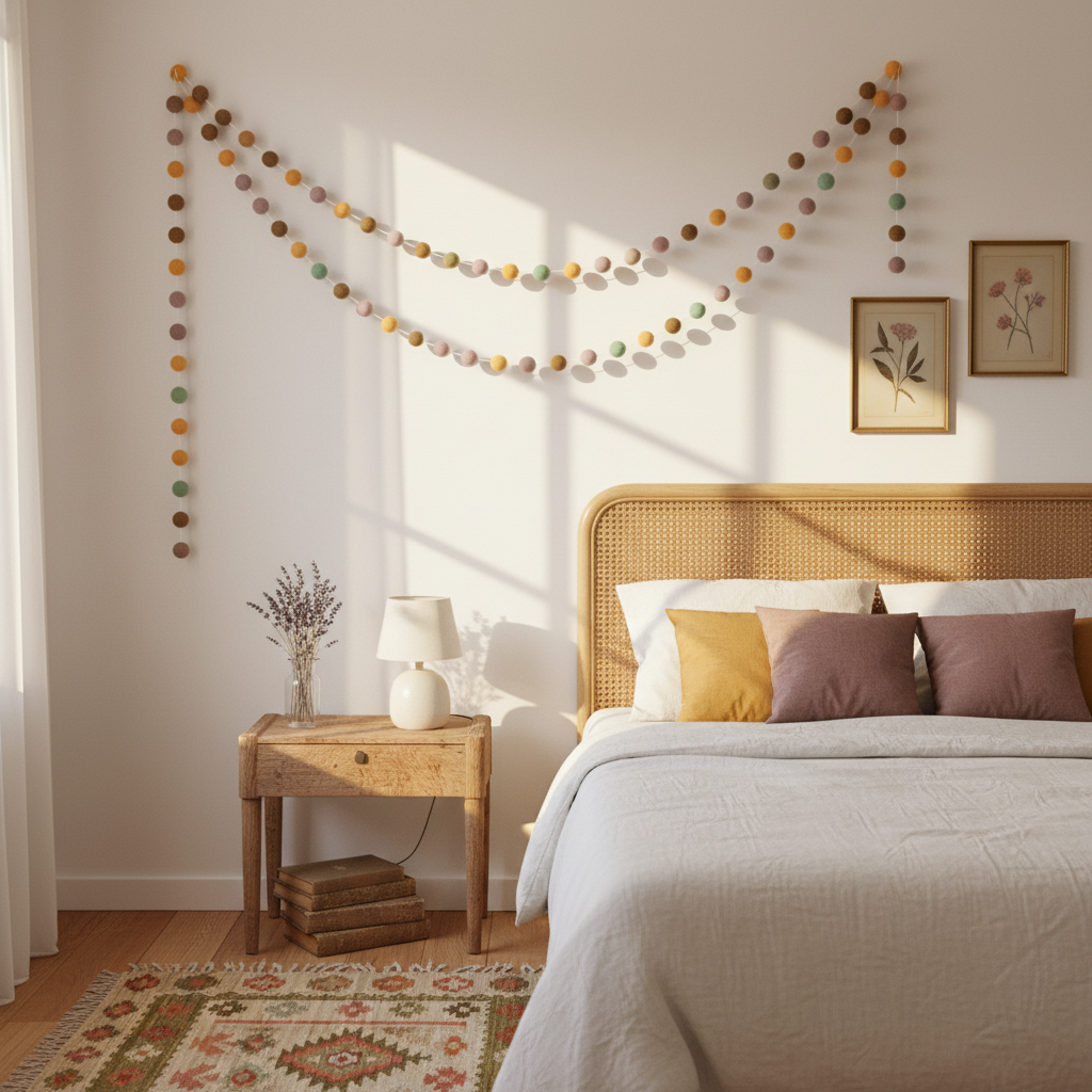 Guirlande de pompons feutrés dolce vita suspendue sur un mur de chambre
