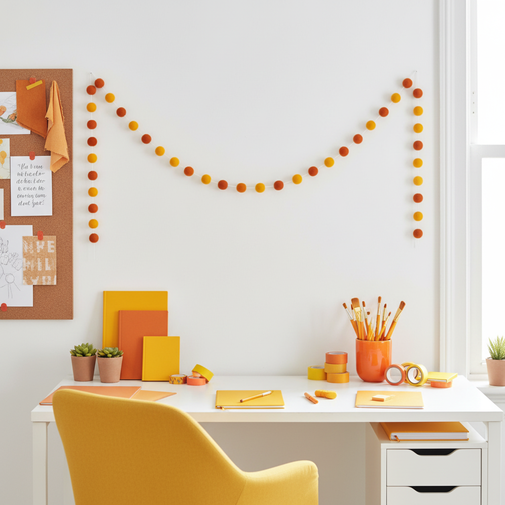 Guirlande de pompons feutrés duo orange dans un bureau créatif