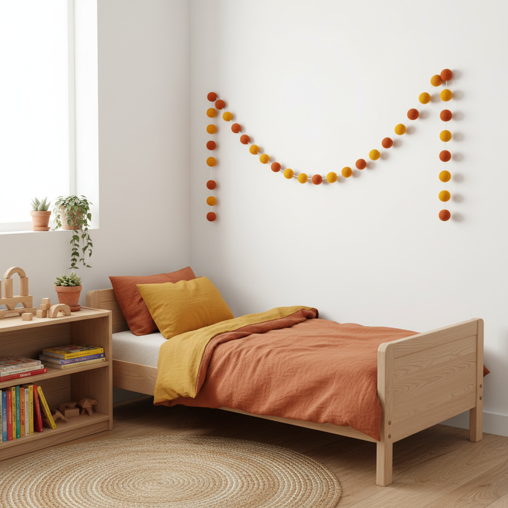 Guirlande de pompons feutrés duo orange sur un mur de chambre d'enfant