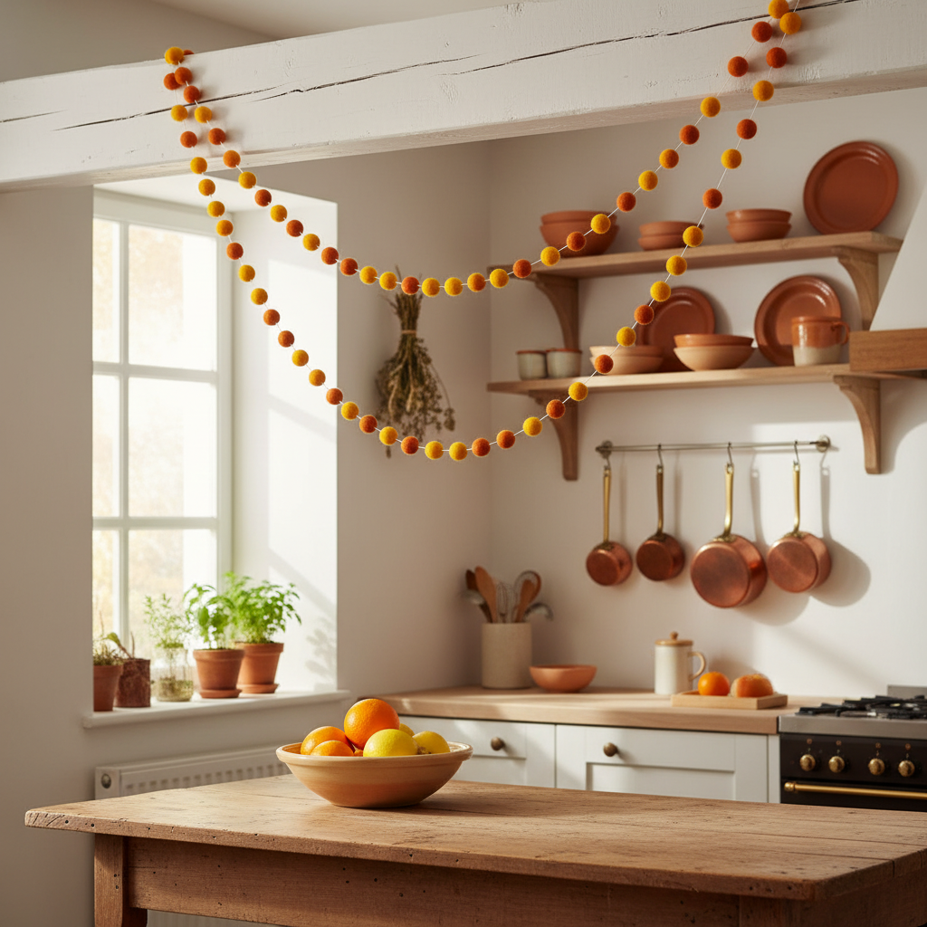 Guirlande de pompons feutrés duo orange suspendue dans une cuisine