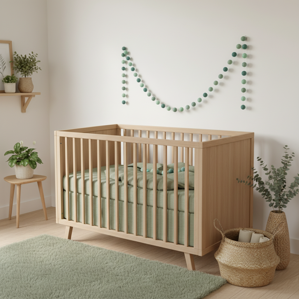 Guirlande de pompons feutrés eucalyptus dans une chambre bébé mixte