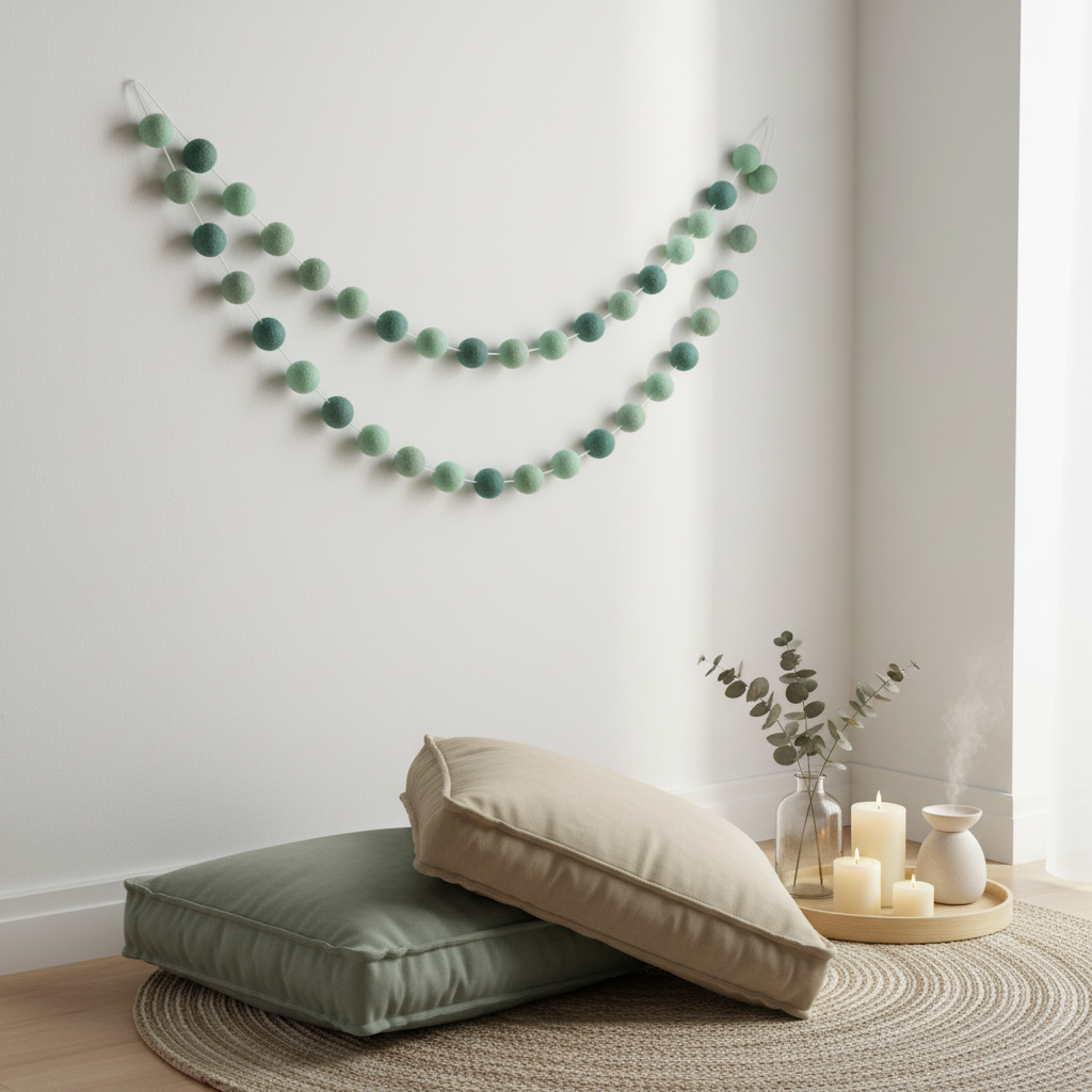 Guirlande de pompons feutrés eucalyptus dans un espace méditation
