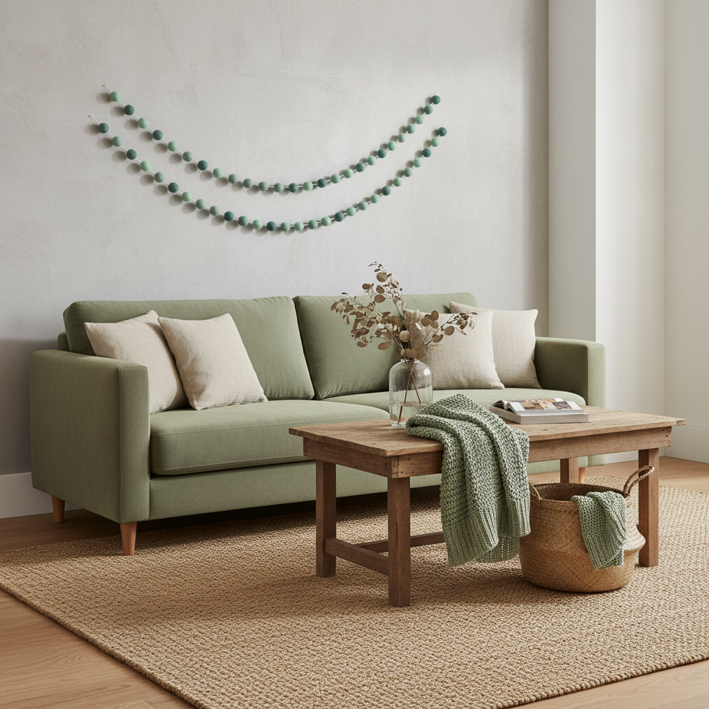 Guirlande de pompons feutrés eucalyptus dans un salon