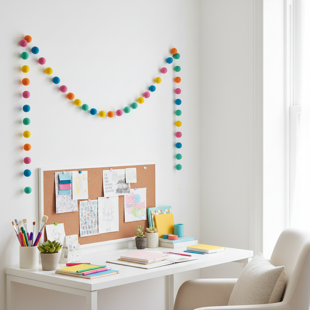 Guirlande de pompons feutrés flashy suspendue dans un bureau créatif