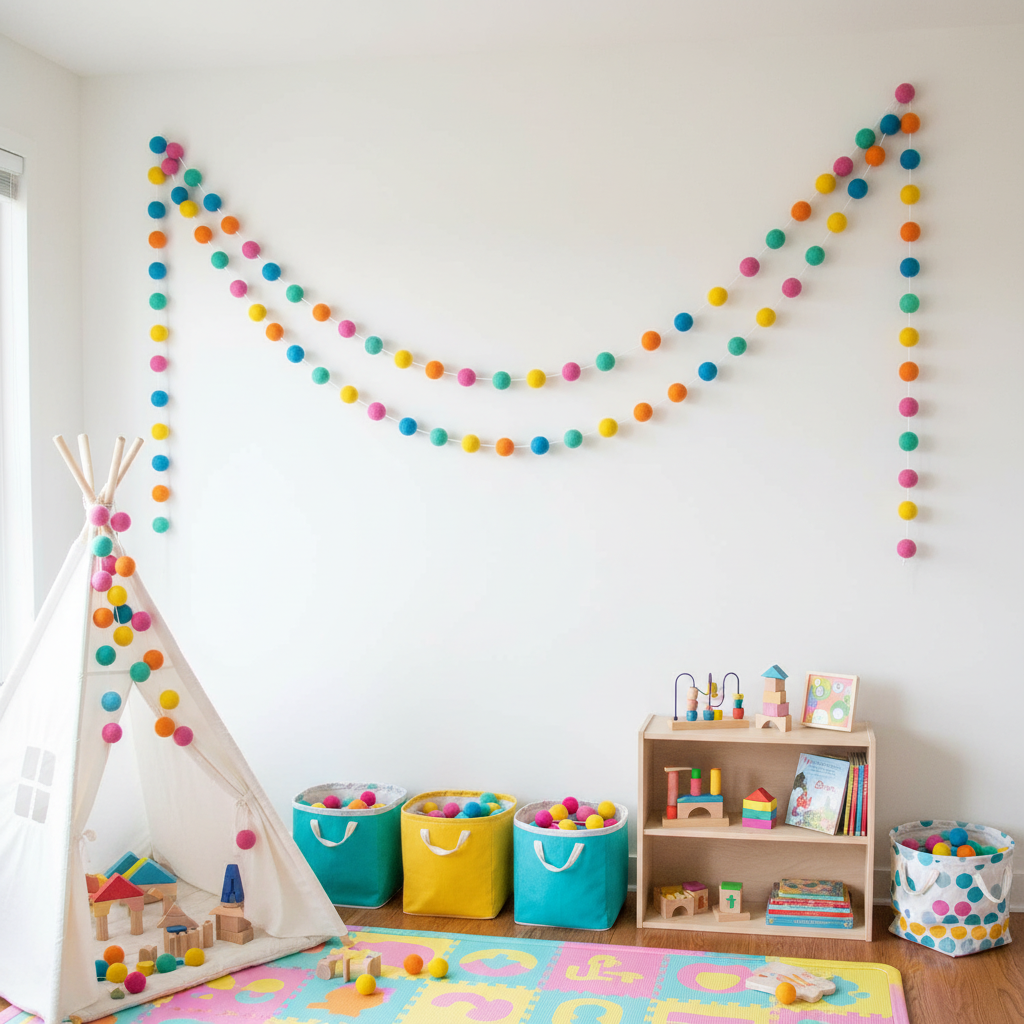 Guirlande de pompons feutrés flashy suspendue sur un mur dans un espace jeux pour enfants
