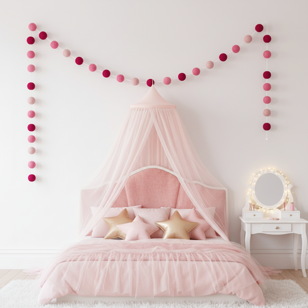 Guirlande de pompons feutrés fleurs de cerisier suspendue dans une chambre fille style princesse
