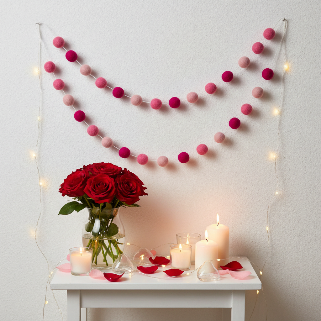 Guirlande de pompons feutrés fleurs de cerisier avec bougies et bouquet de roses
