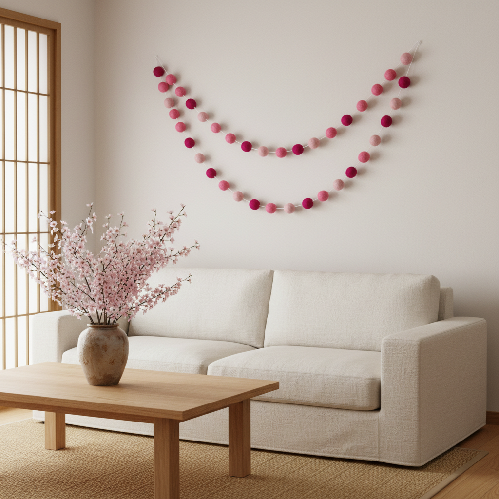 Guirlande de pompons feutrés fleurs de cerisier suspendue dans un salon japonisant