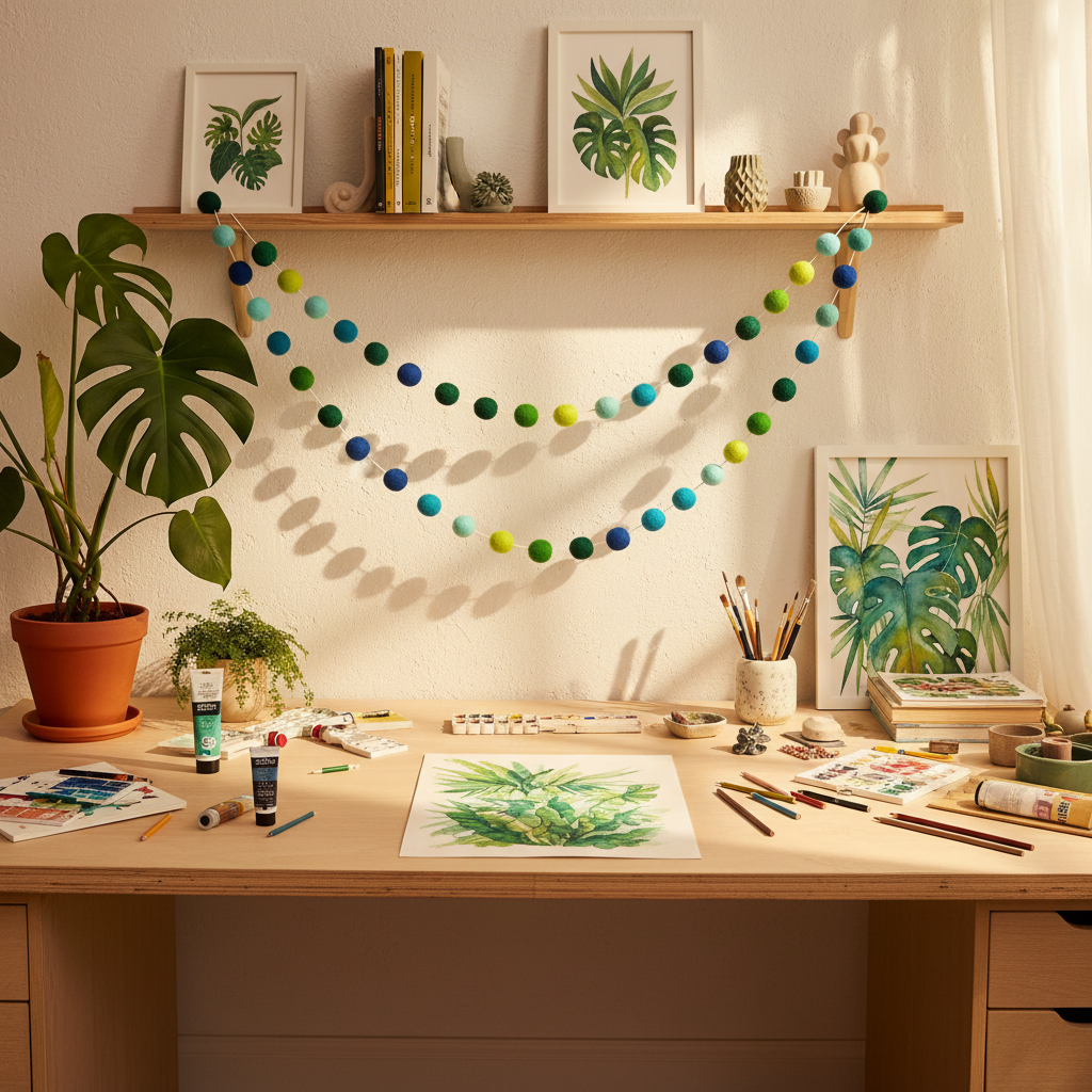 Guirlande de pompons feutrés forêt tropicale dans un jureau créatif