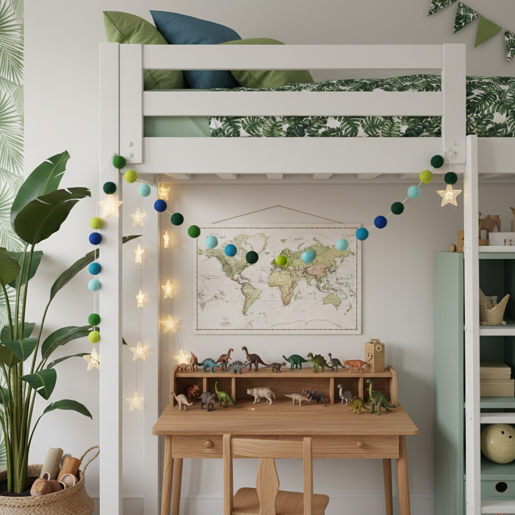Guirlande de pompons feutrés forêt tropicale suspendue dans une chambre garçon