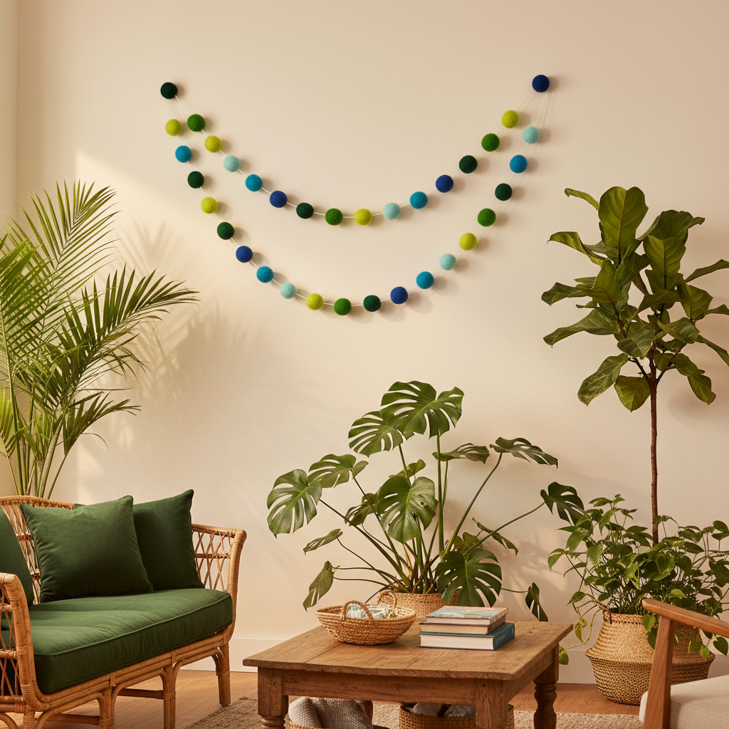 Guirlande de pompons feutrés forêt tropicale dans un salon botanique