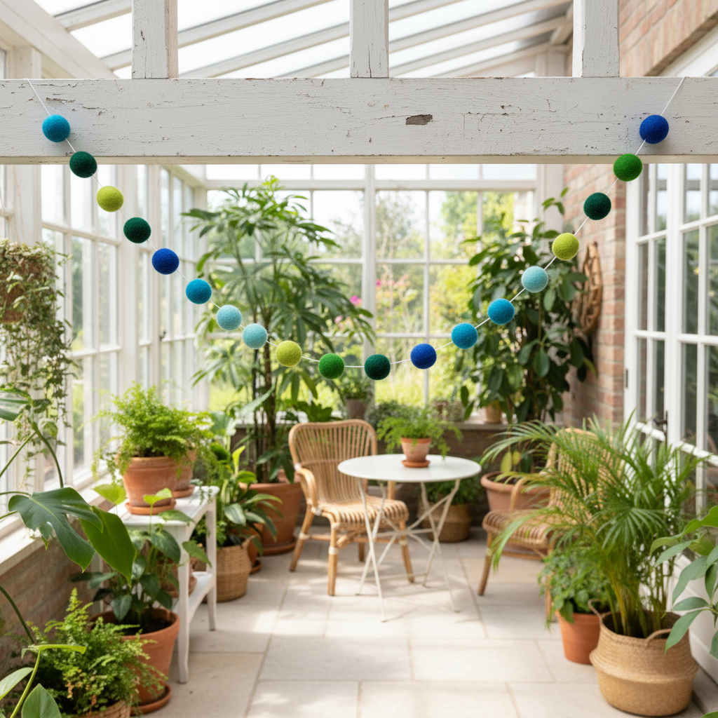Guirlande de pompons feutrés forêt tropicale dans une véranda botanique