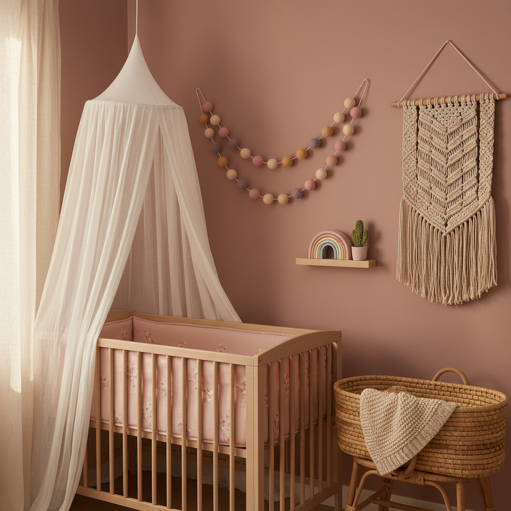 Guirlande de pompons feutrés girly pêche dans une chambre bébé fille style boho