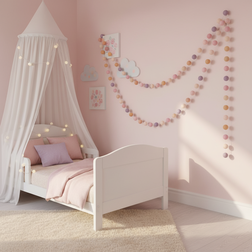 Guirlande de pompons feutrés girly pêche dans une chambre féerique