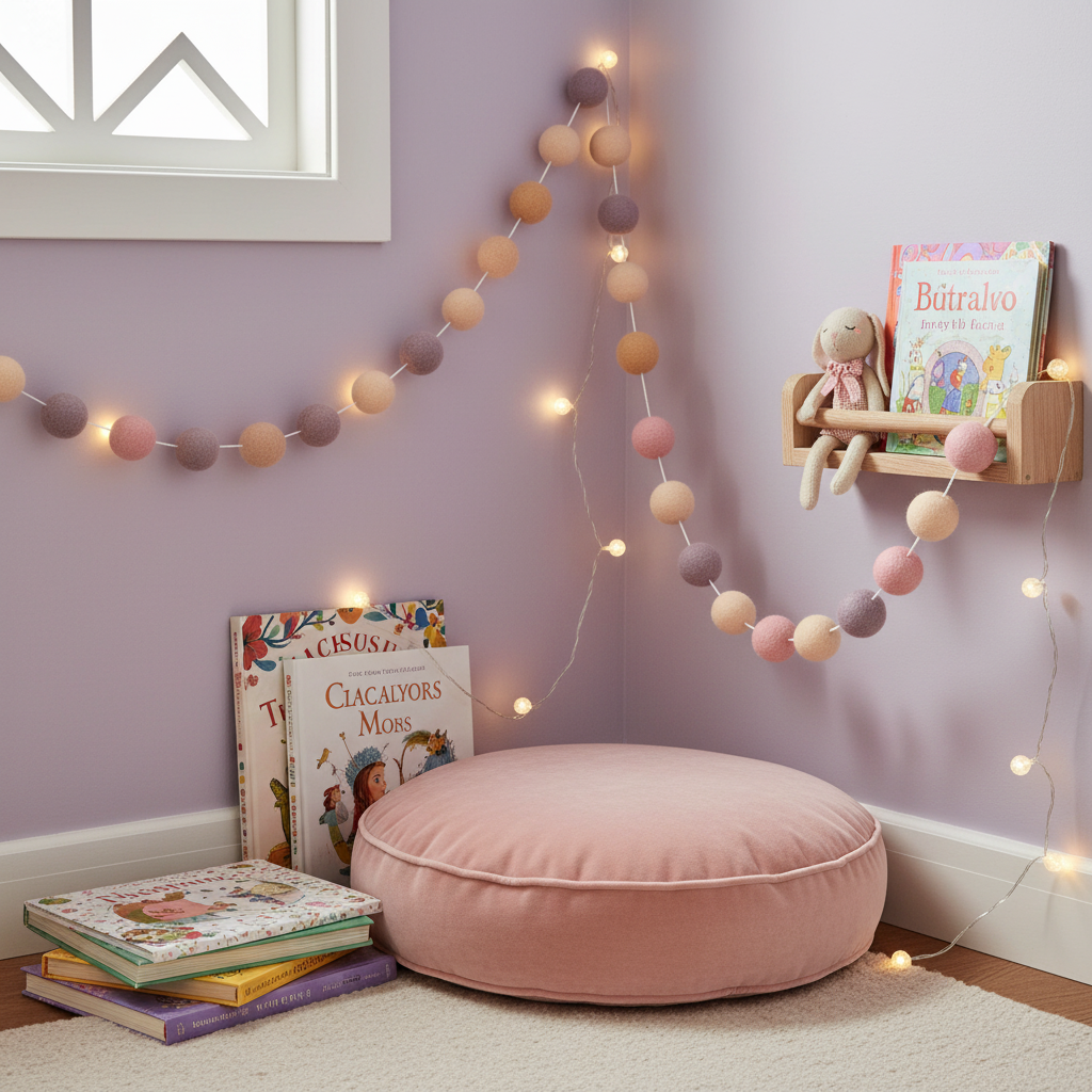 Guirlande de pompons feutrés girly pêche dans un coin lecture de petite fille