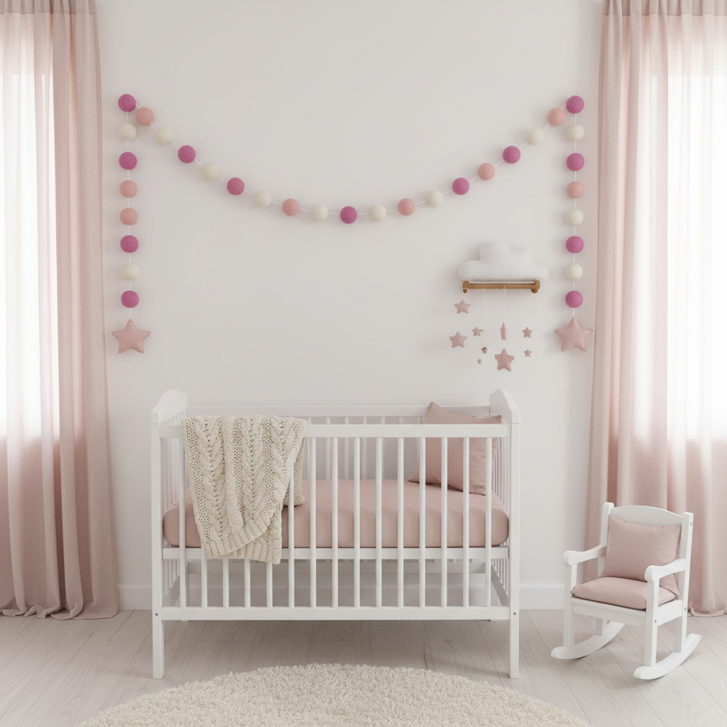 Guirlande de pompons feutrés guimauve rose suspendue dans une chambre bébé fille