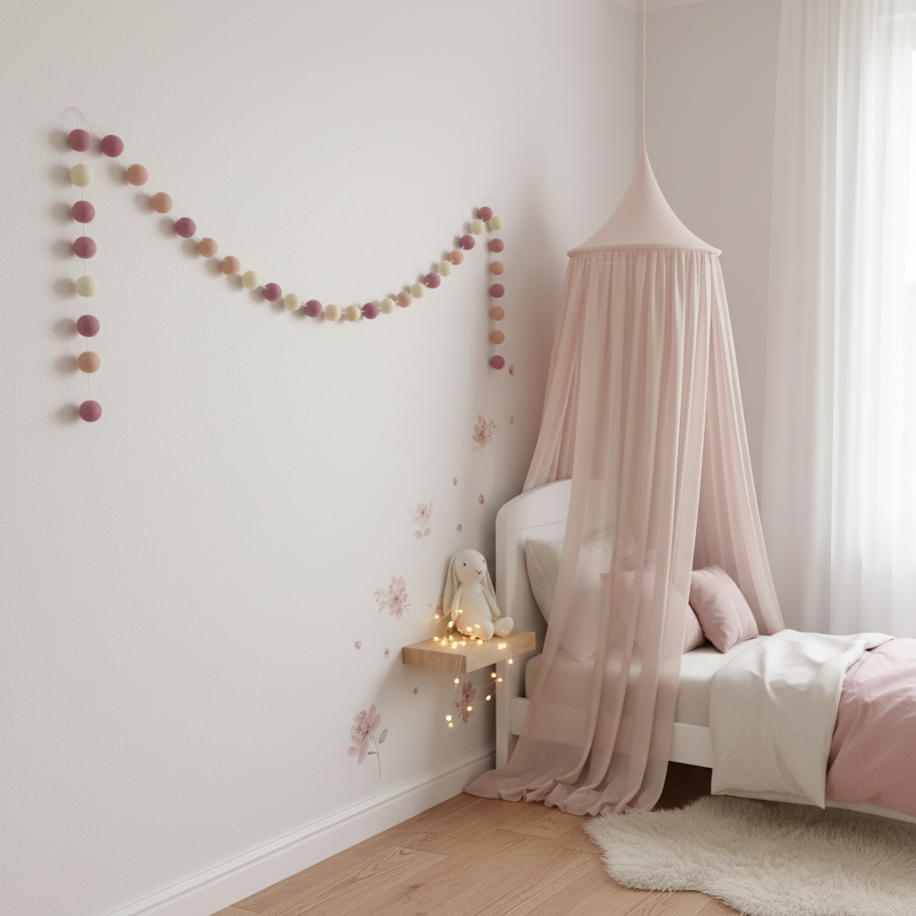 Guirlande de pompons feutrés guimauve rose suspendue dans une chambre féerique