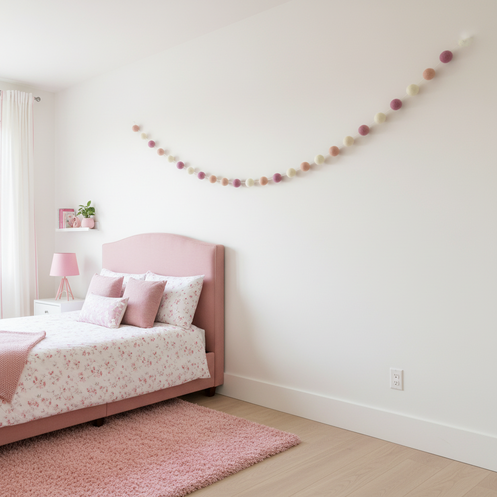 Guirlande de pompons feutrés guimauve rose suspendue dans une chambre fille