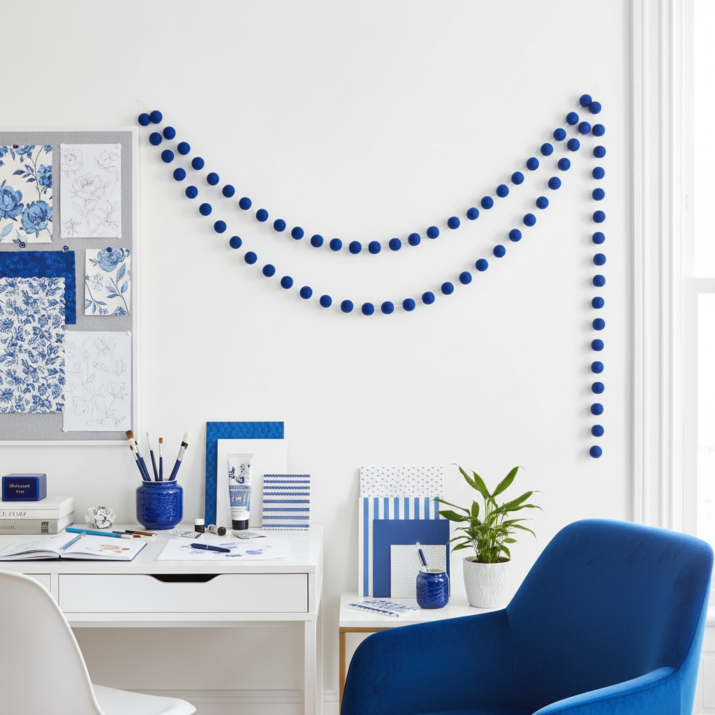 Guirlande de pompons feutrés indigo suspendue dans un bureau créatif