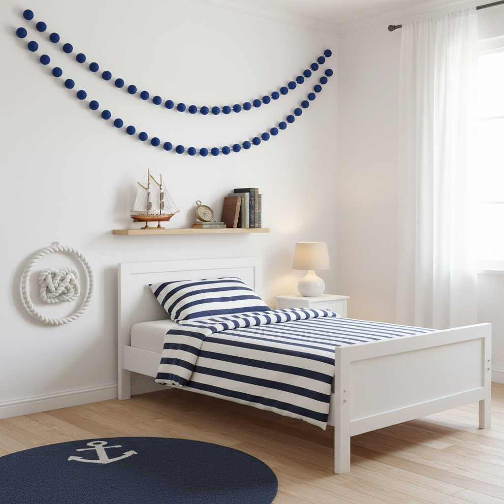 Guirlande de pompons feutrés indigo suspendue sur le mur d'une chambre d'enfant