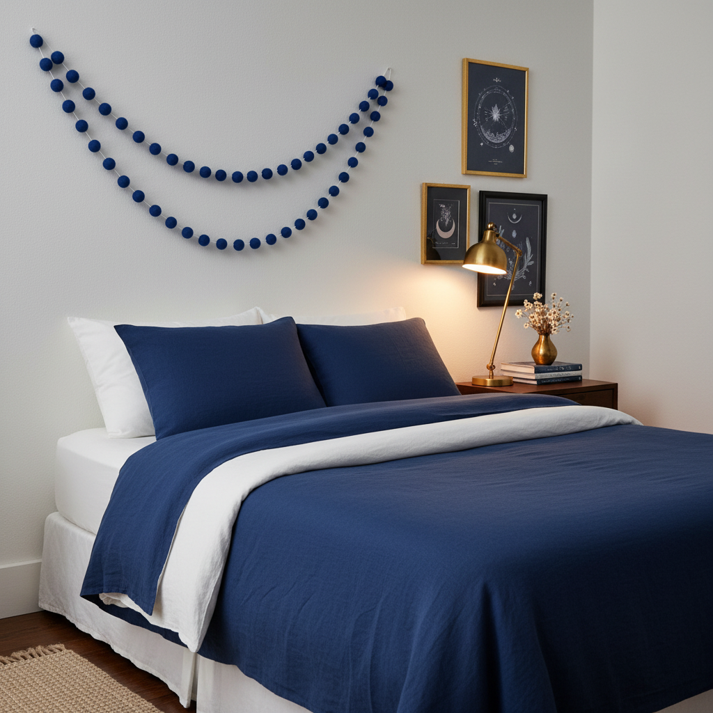 Guirlande se pompons feutrés indigo suspendue sur le mur d'une chambre inspiration nocturne