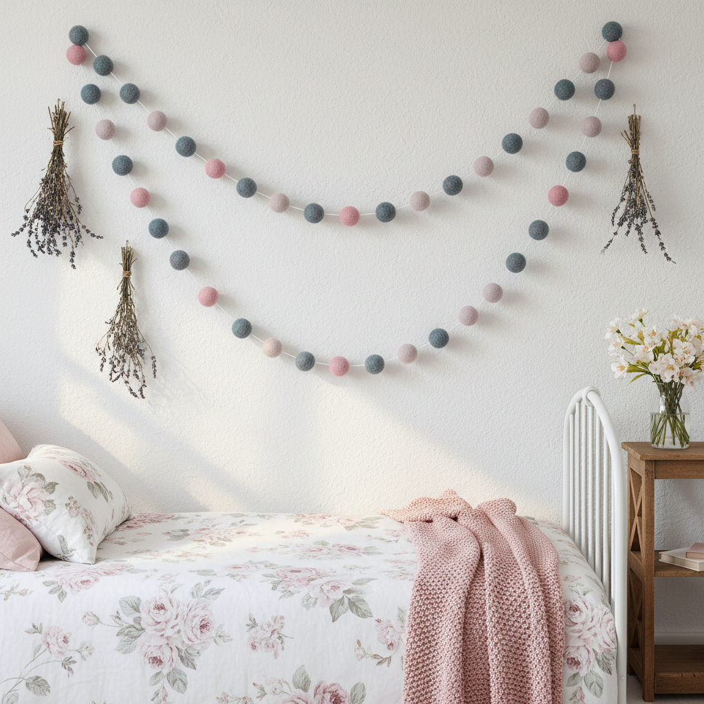 Guirlande de pompons feutrés jardin de lilas suspendue dans une chambre rose et fleurie