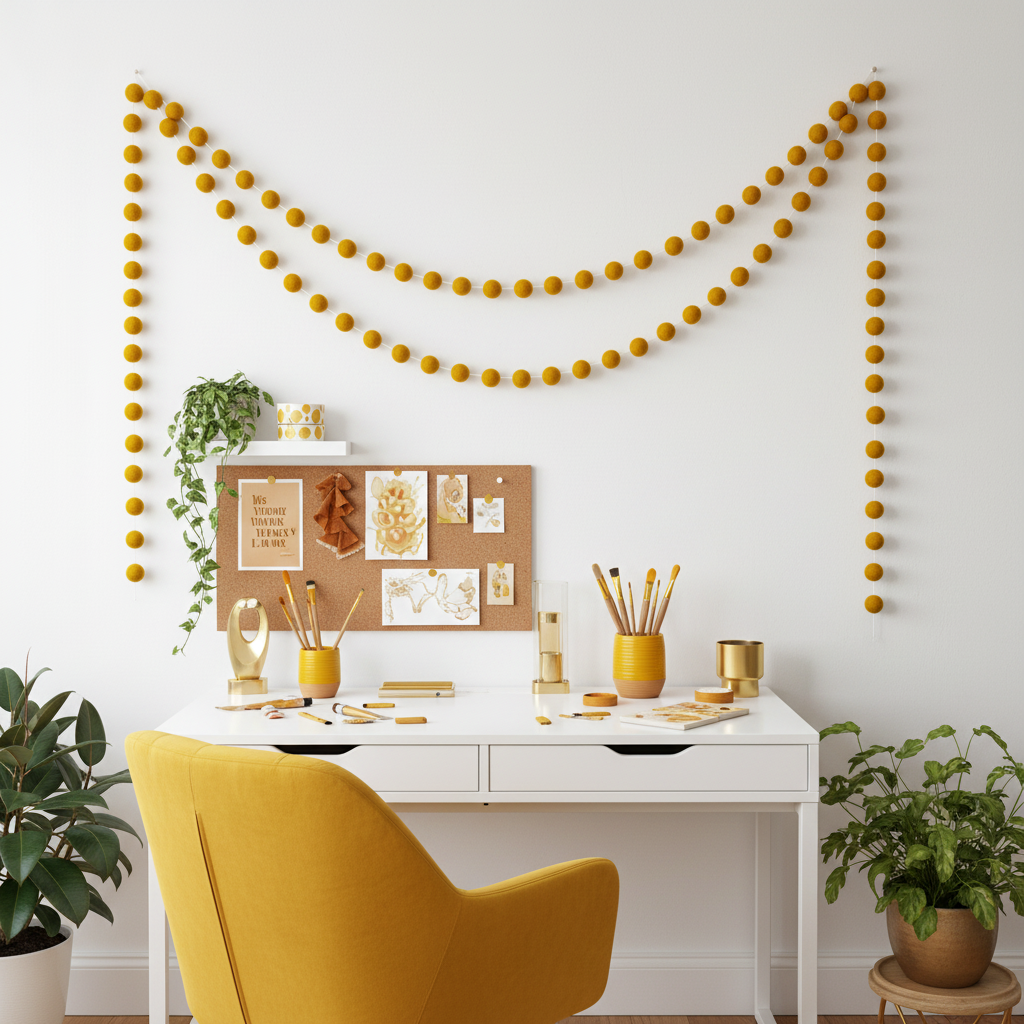 Guirlande de pompons feutrés jaune moutarde suspendue dans un espace créatif