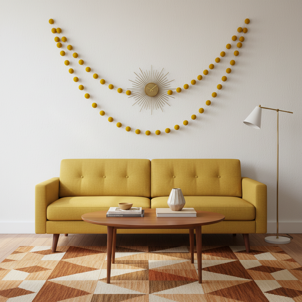 Guirlande de pompons feutrés jaune moutarde suspendue dans un salon mid-century
