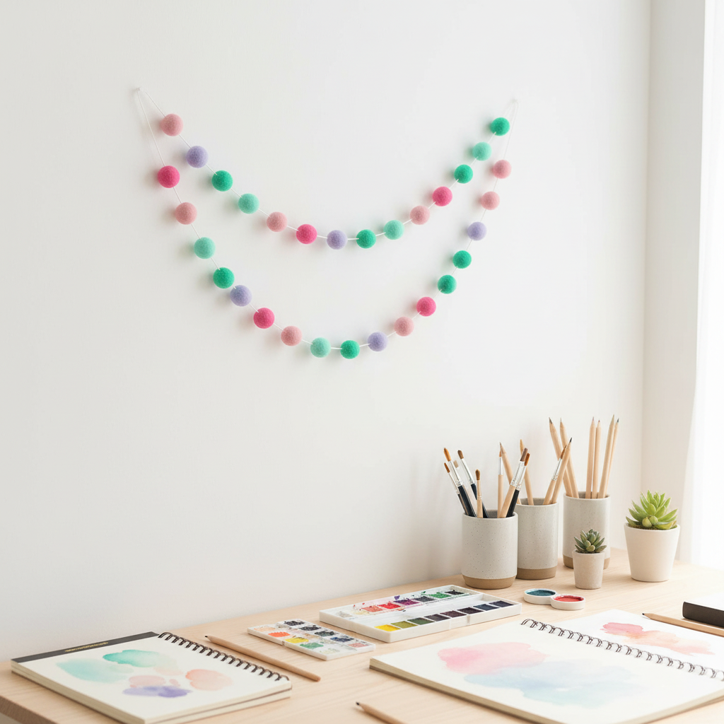 Guirlande de pompons feutrés lagon rose suspendue sur le mur d'un bureau créatif