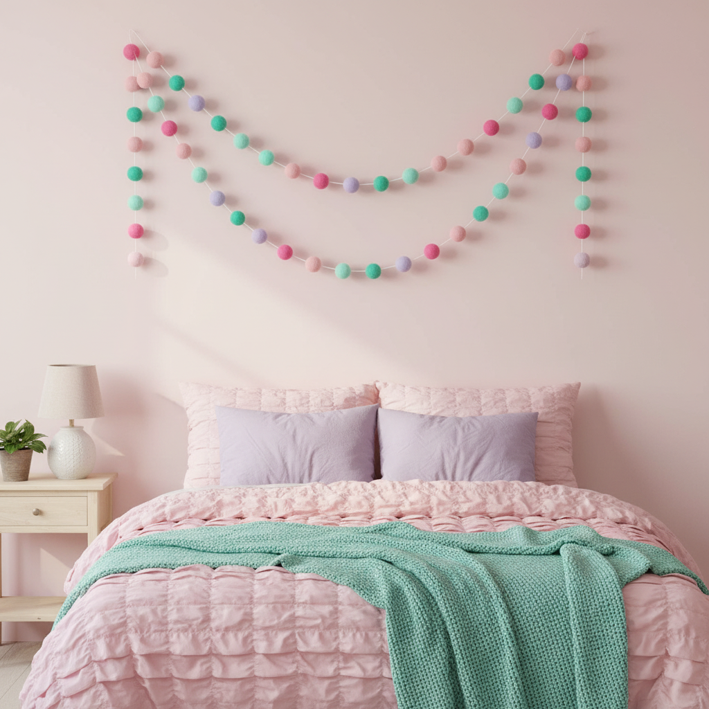 Guirlande de pompons feutrés lagon rose suspendue sur un mur dans une chambre fille