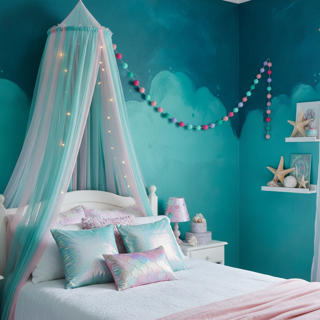Guirlande de pompons feutrés lagon rose suspendue sur un mur de chambre sirène
