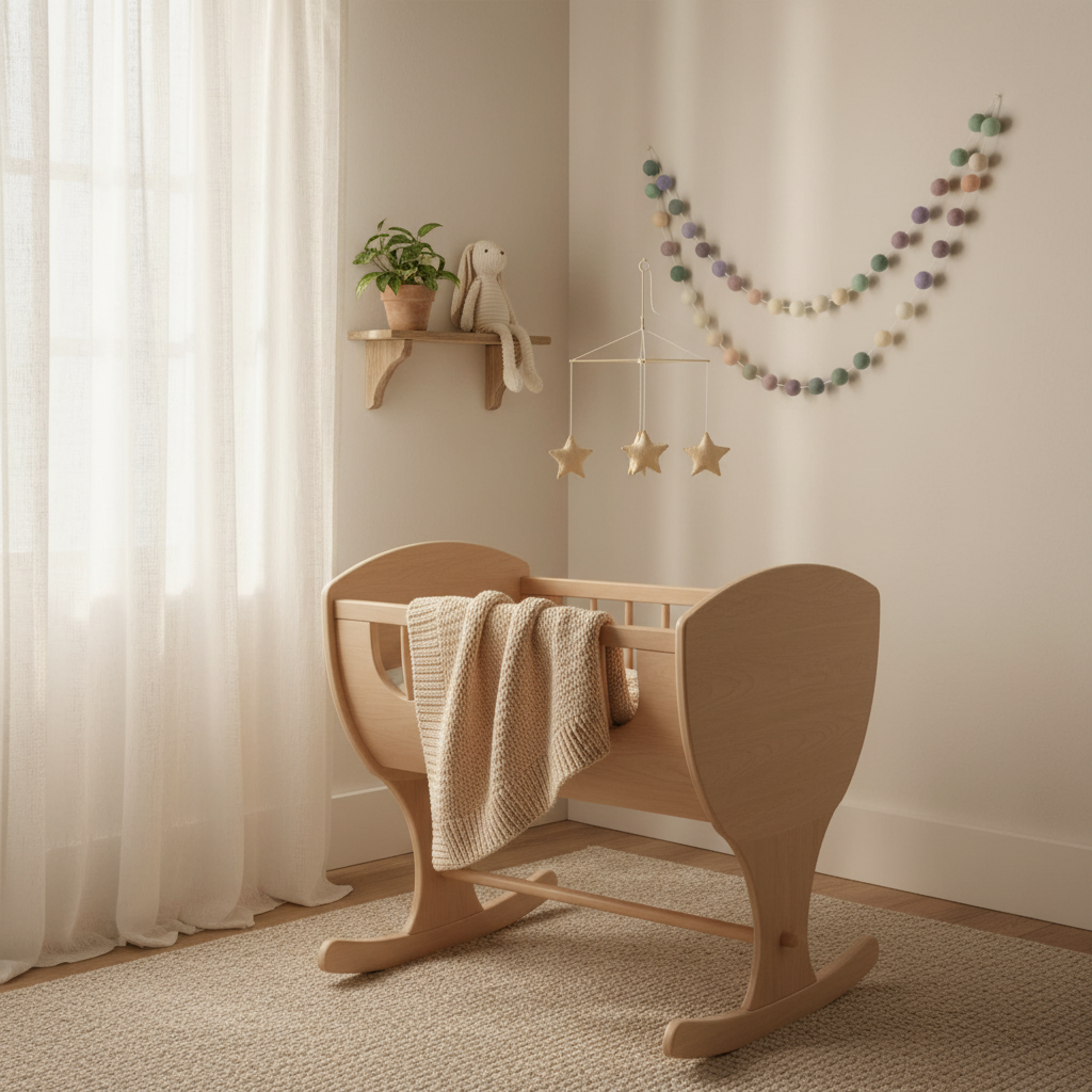 Guirlande de pompons feutrés lavande sauge suspendue sur un mur de chambre bébé