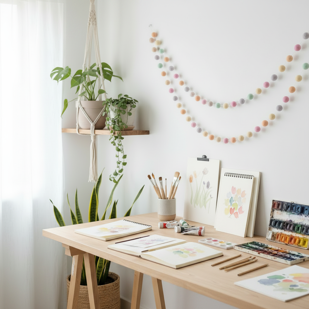 Guirlande de pompons feutrés licorne pastel suspendue dans un bureau créatif