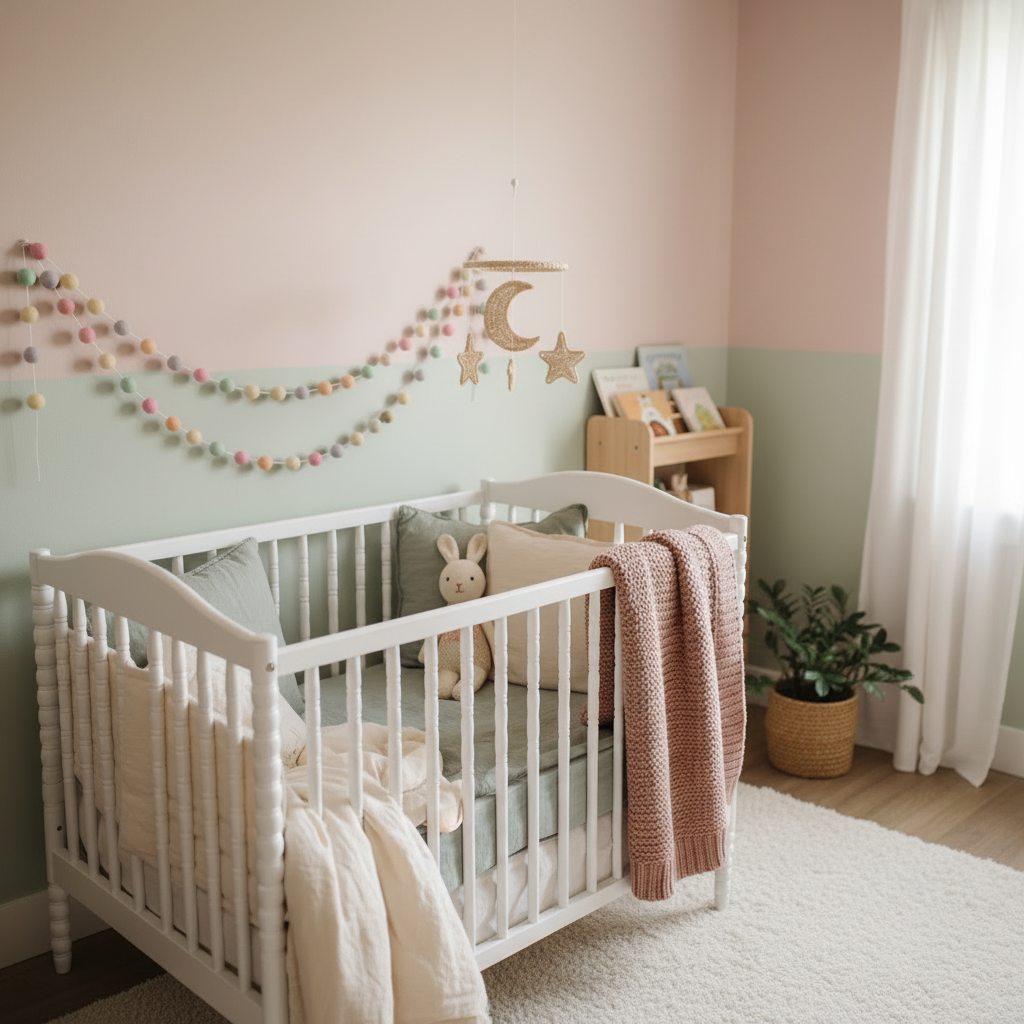 Guirlande de pompons en feutre suspendue dans une chambre bébé