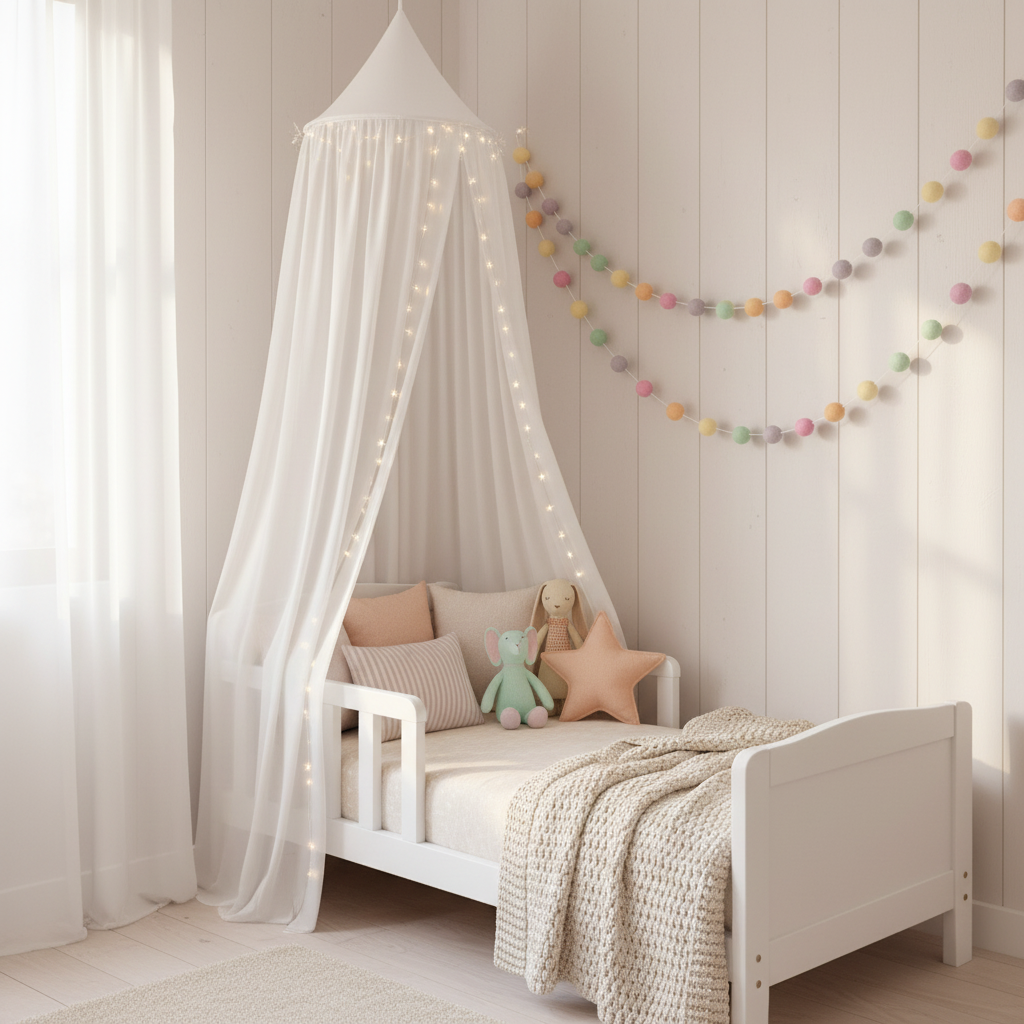 Guirlande de pompons feutrés licorne pastel dans une chambre d'enfant féerique