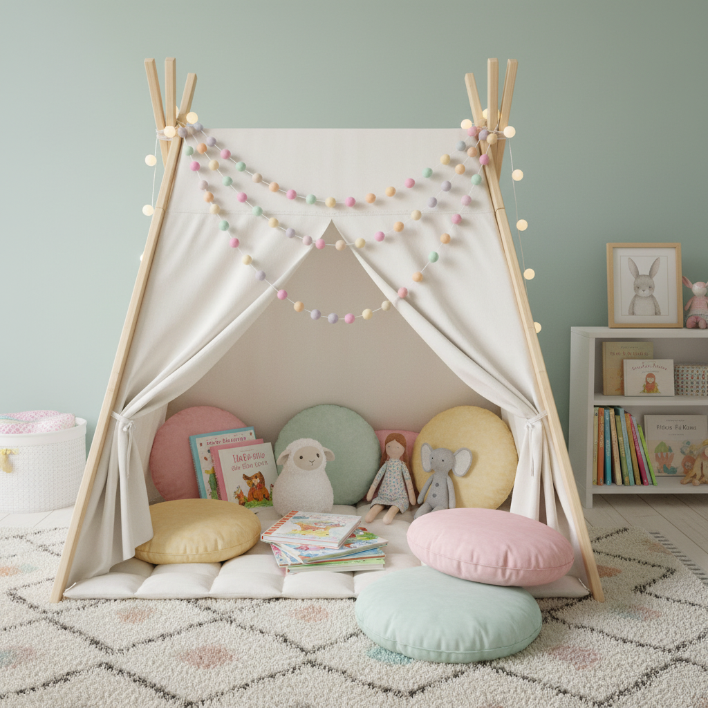 Guirlande licorne pastel suspendue sur un tipi dans un coin lecture pour enfant