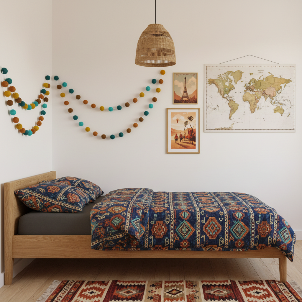 Guirlande de pompons feutrés Marrakech suspendue dans une chambre inspiration voyage