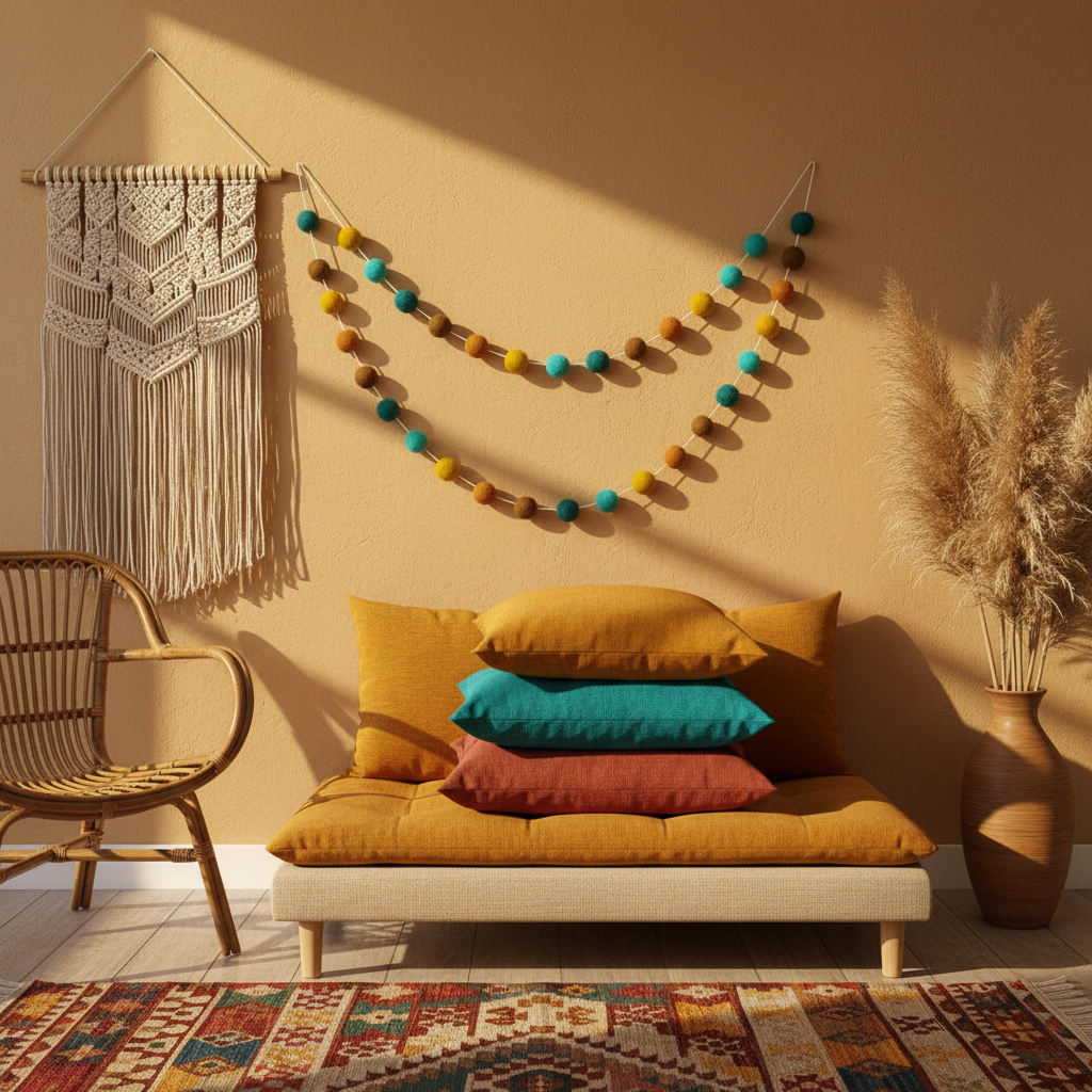 Guirlande de pompons feutrés Marrakech suspendue dans un salon bohème