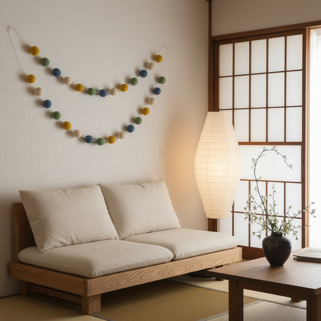Guirlande de pompons feutrés matcha ocre suspendue sur le mur d'un salon japonisant