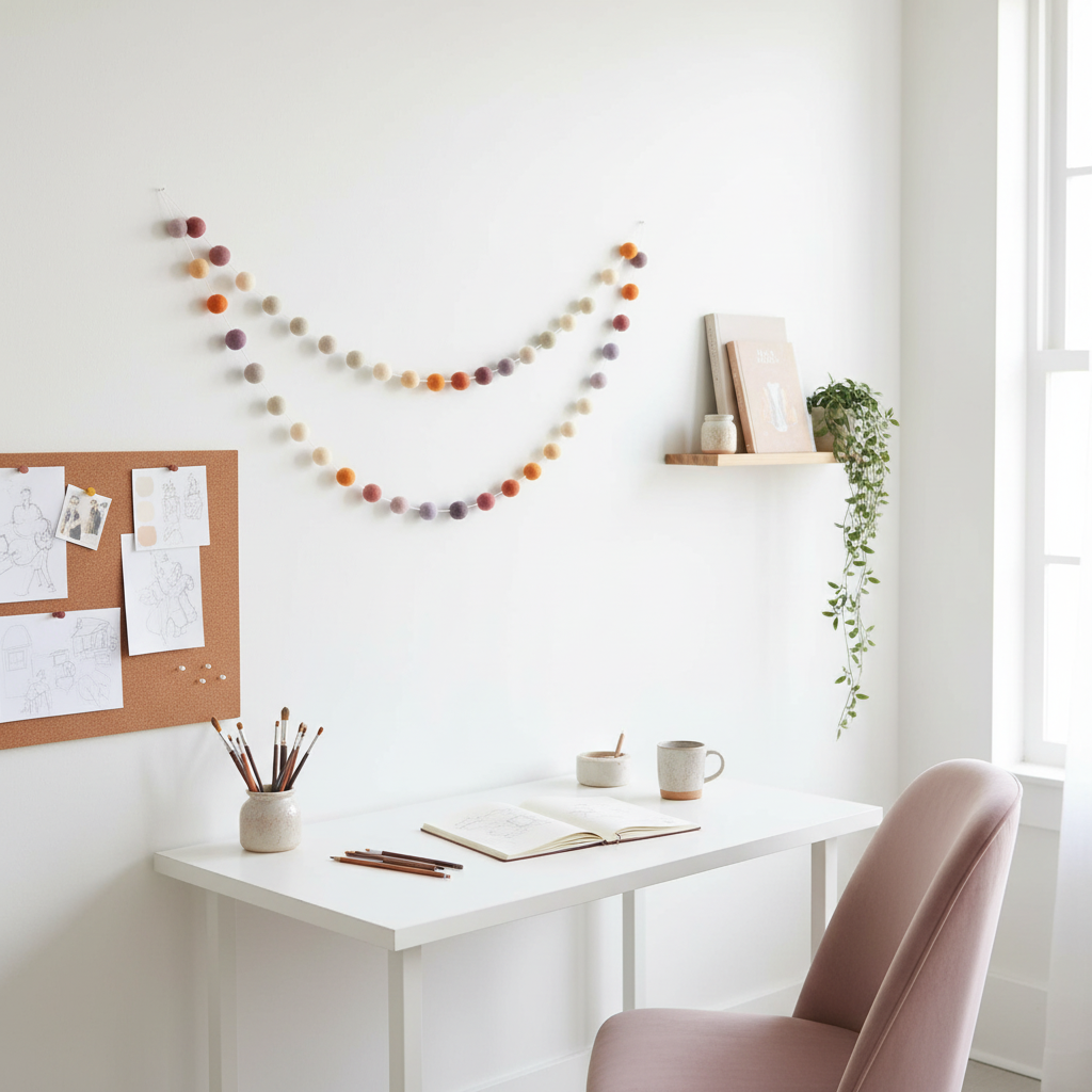 Guirlande de pompons feutrés mauve orange suspendue dans un bureau créatif